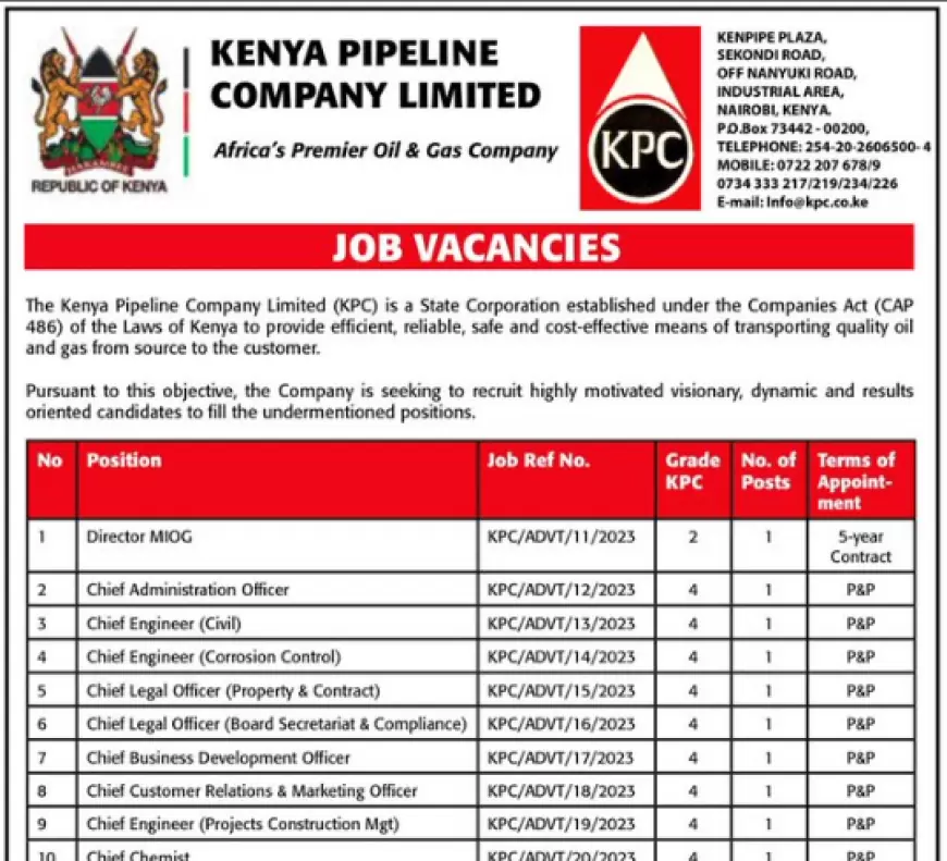 Kenya Pipeline Company(KPC) Job Vacancies 2023/2024:  Application Forms, Requirements And How To Apply